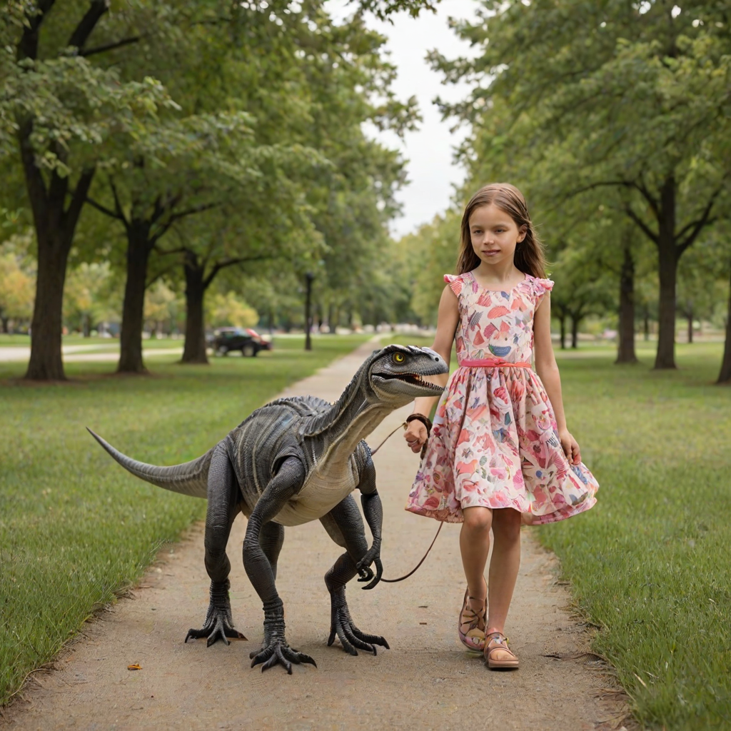 9 year old girl in a dress walking her pet Velociraptor on a leash through a park