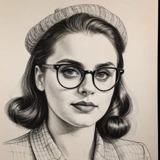 Appealing Beanie Feldstein, pencil sketch, portrait of Delightful woman 1943s in glasses, hair style beatnik, outline, clear lines, fine lines, 8k