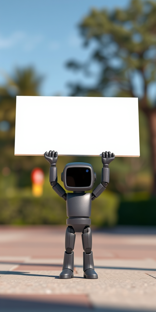 Create a 3D rendering of a small humanoid figure holding a large blank sign above its head, using a Canon EOS R5 camera with a 50mm lens, aperture set to f/2.8, ISO 100, shot in natural lighting from a low angle view with a slight vignette effect for depth.