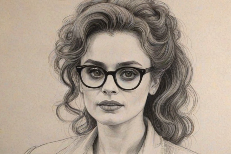 Resplendent Helena Bonham Carter, pencil sketch, portrait of Radiant woman 1945s in glasses, hair style beatnik, outline, clear lines, fine lines, 8k