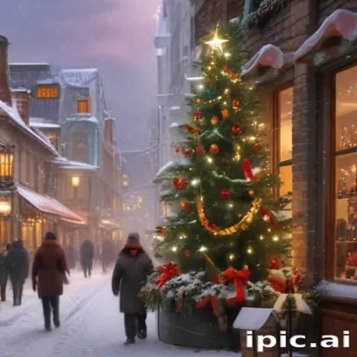 Charming Winter Street Scene with Festively Decorated Christmas Tree ...