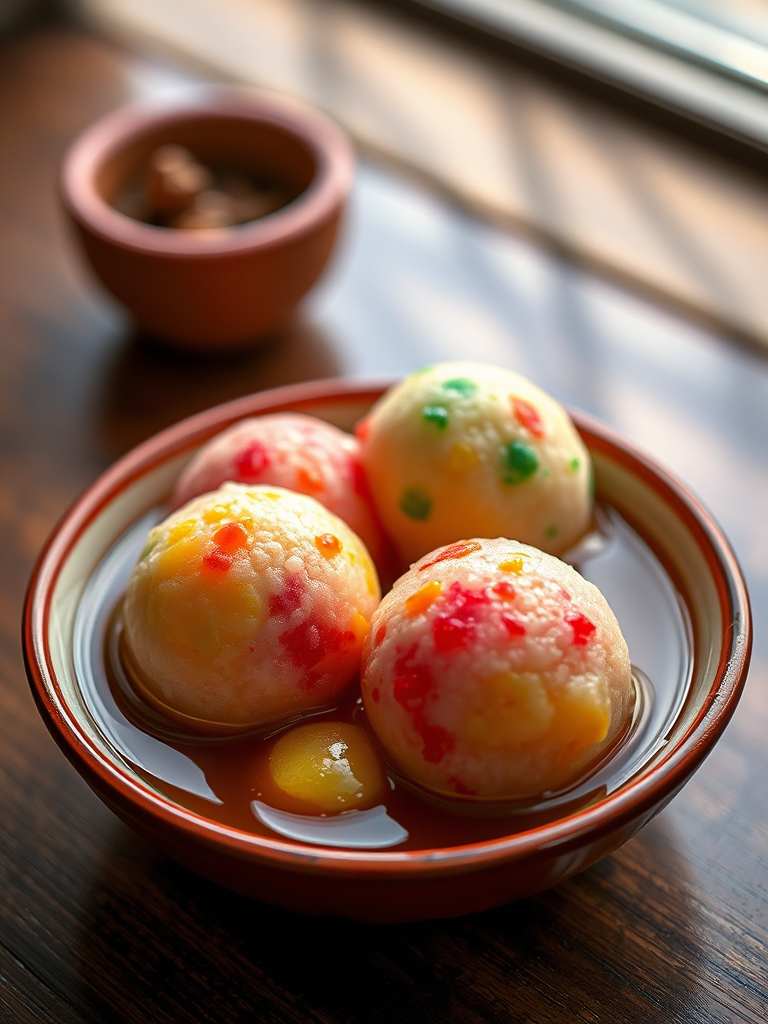 Regenerate an image of a vibrant dessert featuring colorful glutinous rice balls in a bowl filled with syrup, shot with a Canon EOS R5, 50mm f/1.8 lens, aperture f/2.8, ISO 200, with a shallow depth of field to focus on the dessert while softly blurring the background, using natural soft lighting for enhanced color richness.