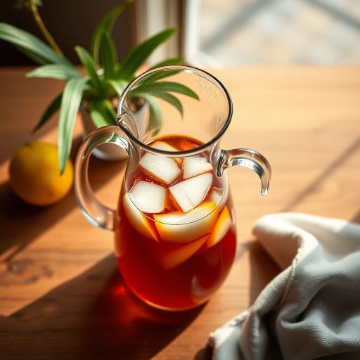 Regenerate the image of a pitcher and glass with beverage setup: use a Canon EOS R with a 50mm lens, aperture f/1.8, ISO 100, shutter speed 1/125s, shoot from a top-down view in natural light for enhanced clarity and detail.
