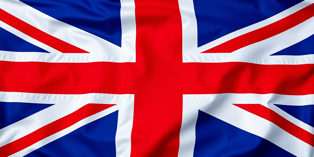 Create an image of the Union Jack flag with vibrant colors, shot with a Canon EOS R5, 50mm lens, f/1.8 aperture, ISO 100, with a sharp focus and a slight overhead angle for dynamic composition.