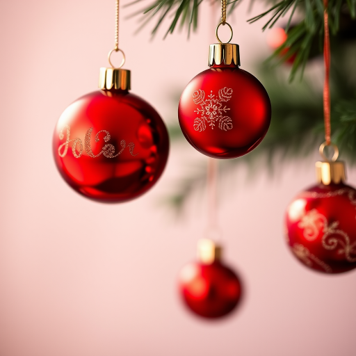 Create a high-resolution image of red Christmas ornaments hanging vertically with a smooth gradient background, photo taken with a DSLR camera at f/2.8, ISO 100, shutter speed 1/60s, shot from a slightly elevated angle, using a macro lens for enhanced detail and bokeh effect.