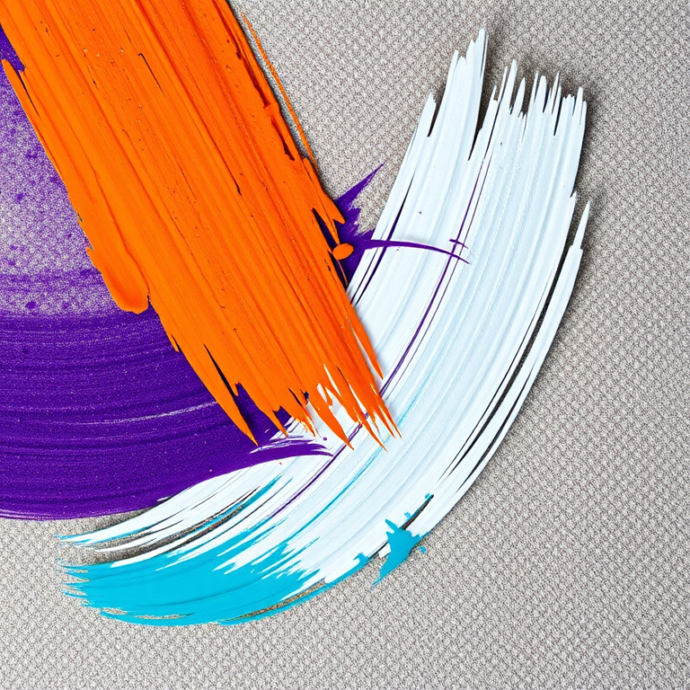 generate an abstract art design with vibrant brush strokes in purple, orange, white, and teal colors on a textured background, shot with a Canon EOS 5D Mark IV at f/8, ISO 100, 1/125s, in natural light, using a macro lens to enhance details and colors.