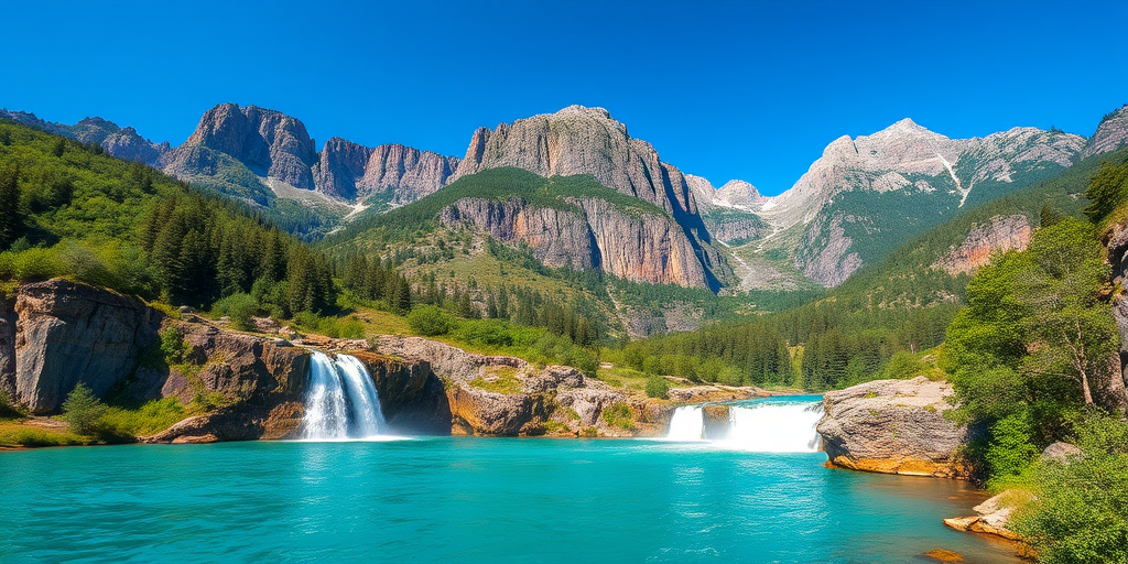Generate a high-resolution image of a serene landscape featuring a waterfall flowing into a turquoise lake, surrounded by rocky mountains and lush greenery under a clear blue sky, captured with a Canon EOS R5, using a 24-70mm f/2.8 lens at ISO 100, aperture f/8, and a shutter speed of 1/125 sec, in a wide-angle view to enhance depth and detail.