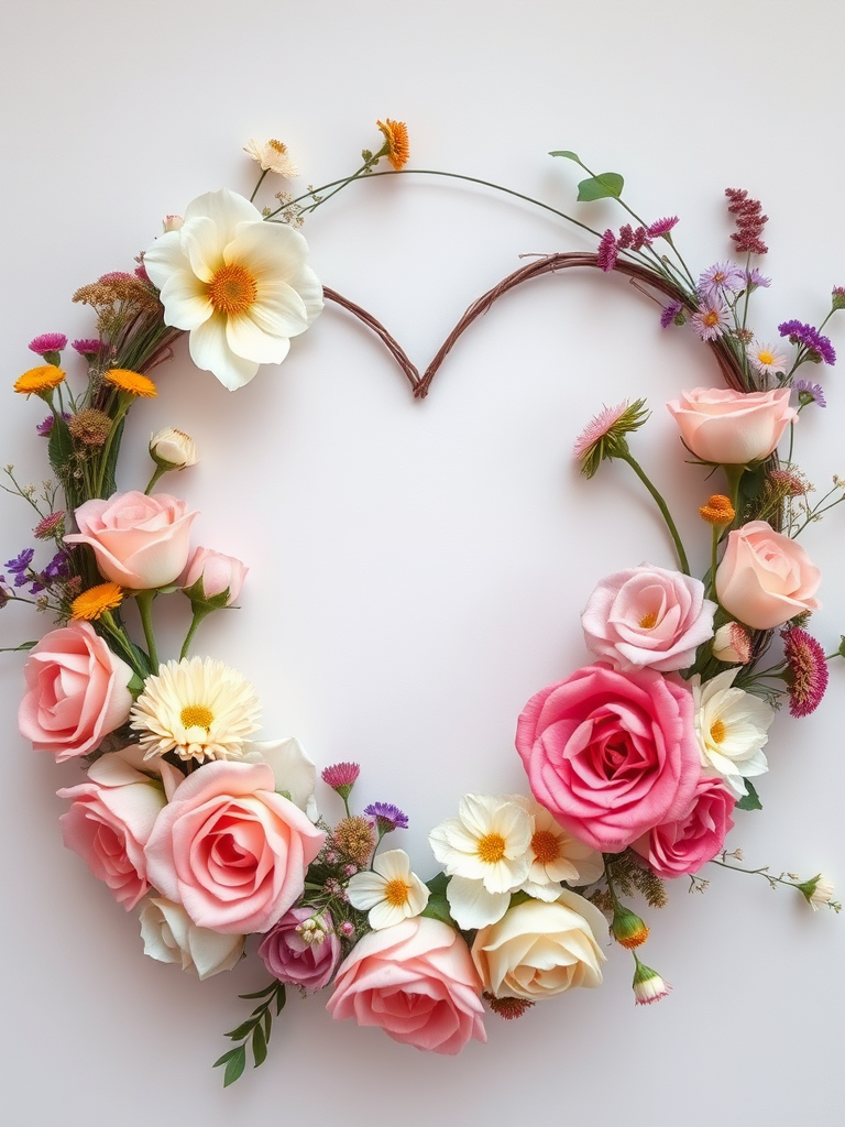 Create a floral heart wreath with various flowers, including roses and wildflowers, in soft pastel colors, on a light background, using a DSLR camera at f/2.8 aperture, 50mm lens, with a soft focus effect and high dynamic range.