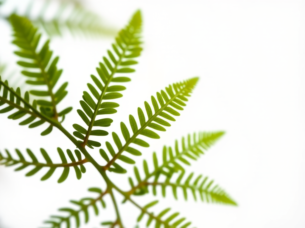 Close-up of fern leaves on a white background, DSLR camera, aperture f/2.8, 50mm lens, natural light, high resolution, depth of field effect.