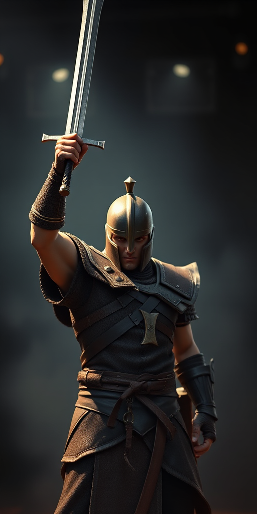 Create a hyper-realistic 3D rendering of a warrior holding a sword above his head, dramatic lighting, depth of field, 50mm lens, f/1.8 aperture, 1/125 shutter speed, ISO 100, soft focus background, studio environment.