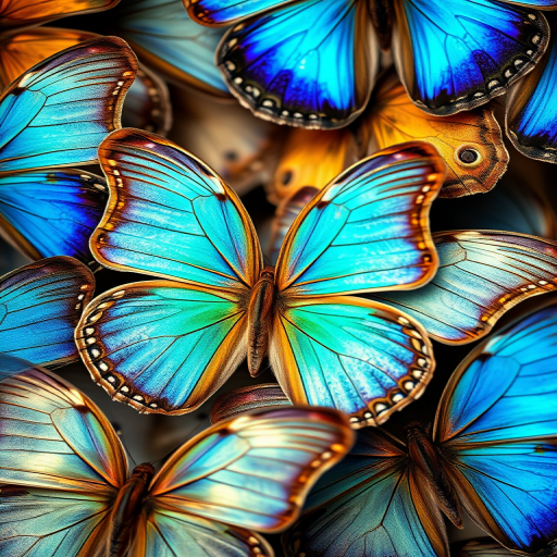 a high-resolution close-up of brightly colored butterflies, showcasing various species with iridescent blue and brown wings, evenly illuminated, taken with a Canon EOS R5, 50mm lens, f/2.8 aperture, ISO 100, natural light, shallow depth of field, capturing intricate wing patterns and textures