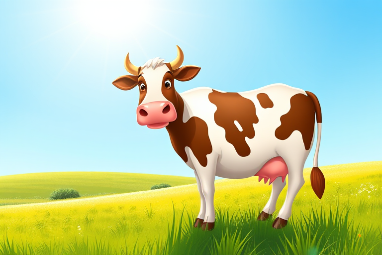 Generate a vibrant illustration of a cartoon cow standing in a green pasture under a clear blue sky, with the sun shining brightly, using a DSLR camera at f/8 aperture, 1/200s shutter speed, ISO 100, with a 50mm lens in portrait mode for enhanced detail and color saturation.