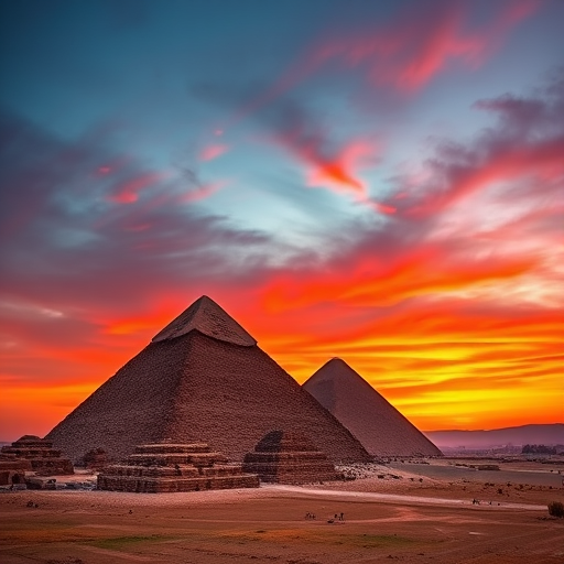capture a stunning sunset over the pyramids of Giza with vibrant red and orange hues in the sky, use a DSLR camera with a 24mm lens, aperture set to f/8 for sharpness, ISO 100 for minimal noise, and a shutter speed of 1/60 seconds to capture the detail in the pyramids and the dynamic sky