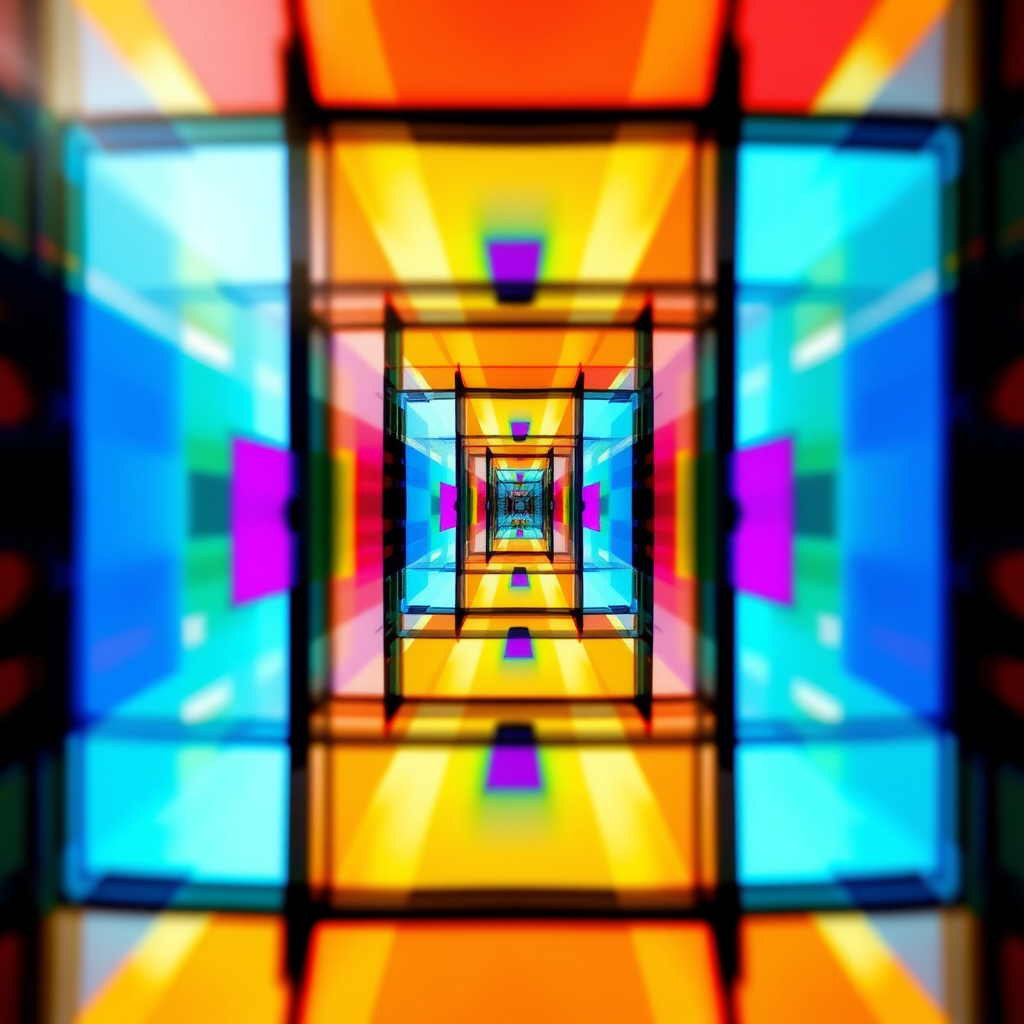 Create an abstract digital art piece with vibrant colors and geometric shapes, using a Canon EOS R5, 50mm lens, f/1.8 aperture, ISO 100, with a shallow depth of field for a soft background blur.