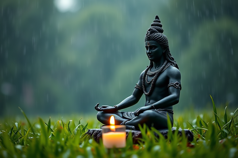 Create a high-resolution image of a black statue of Lord Shiva meditating in a serene landscape with rain softly falling, surrounded by lush green grass and a flickering candle, captured with a DSLR camera at f/1.8 aperture, ISO 200, shutter speed 1/60 seconds, using a shallow depth of field to emphasize the statue while blurring the background.