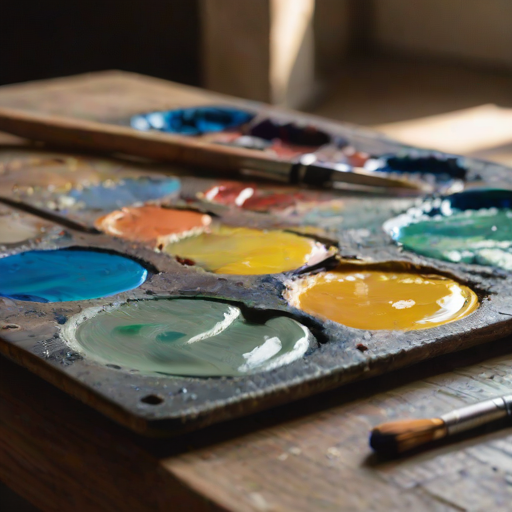 Sharp, close-up photo of a painter's palette, vibrant colors smeared together, brushstrokes visible in the thick paint, sunlight glinting off the wet surface, soft shadows cast on the wooden table, an unfinished canvas visible in the background.