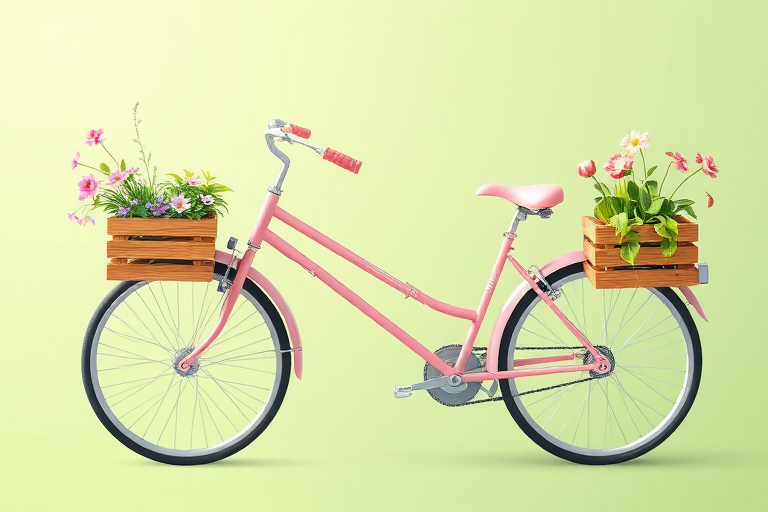 Create a vibrant illustration of a pink bicycle with wooden baskets filled with plants and flowers on either side, set against a soft green background, using a digital art style with sharp details and bright colors, captured as if taken with a Canon EOS R5 at f/4, 1/100s, ISO 100, with a shallow depth of field to enhance the visual appeal.