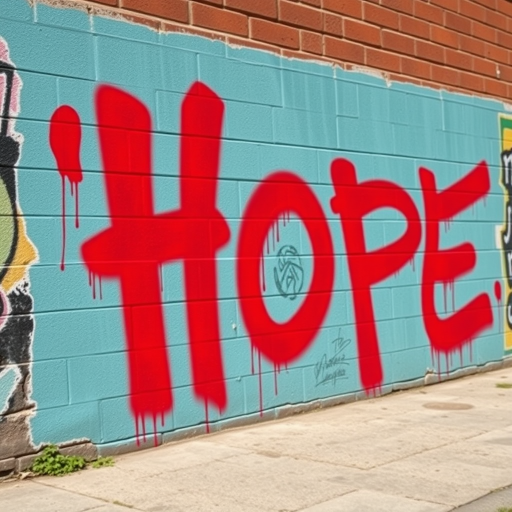 Create a vibrant graffiti wall art featuring the word "Hope" in large red letters, with a spray paint texture, shot with a Canon EOS 5D Mark IV, f/2.8 aperture, ISO 100, 50mm lens, in natural light for enhanced clarity and color contrast.