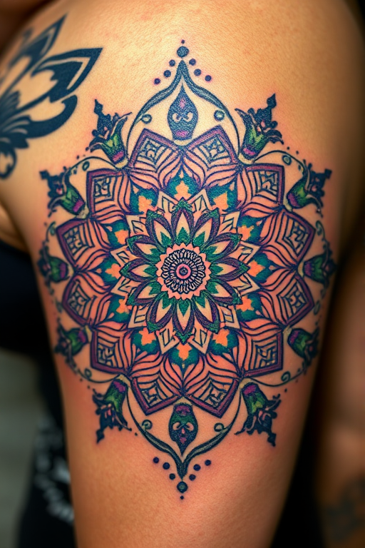 Ornate mandala tattoo bursting with intricate patterns and symmetrical designs, incorporating delicate dotwork shading and vibrant jewel tones of sapphire, emerald, and amethyst for a mesmerizing effect