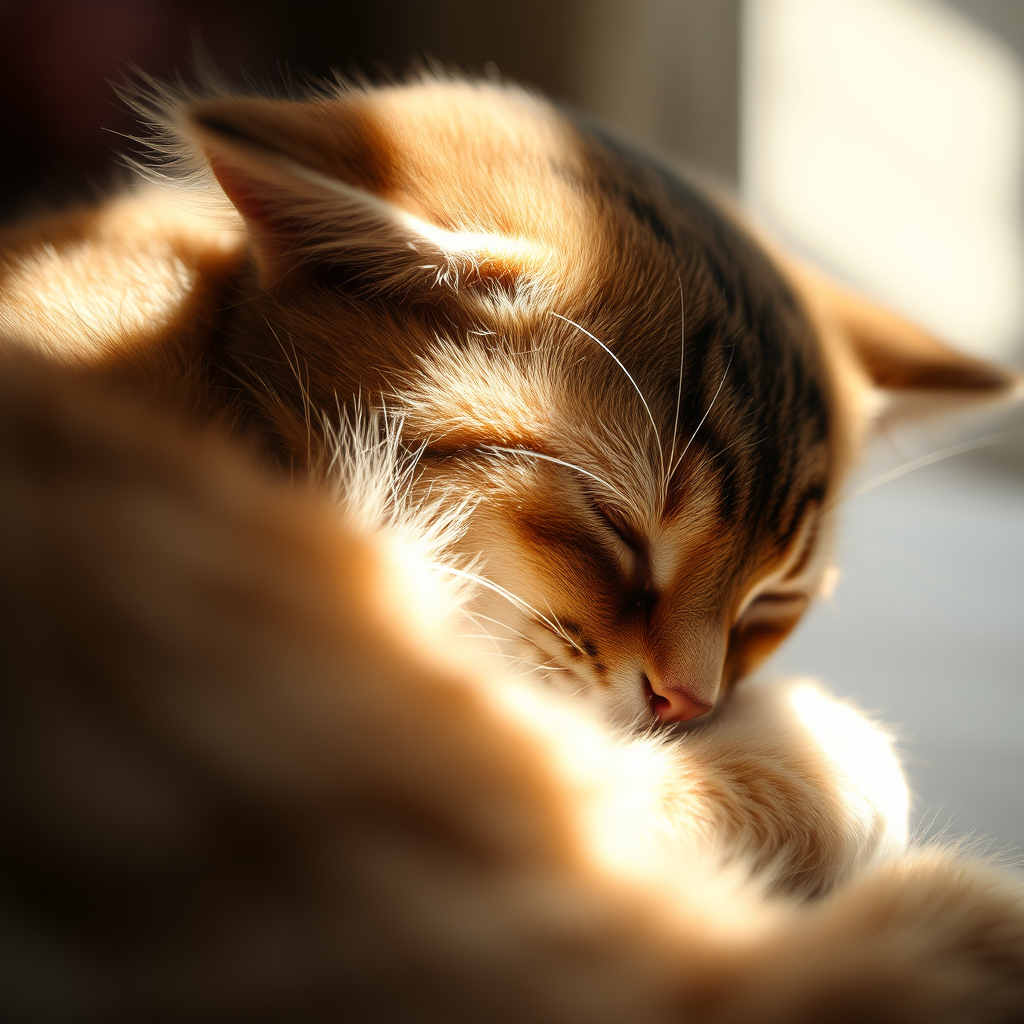 Softly focused close-up of a cat curled up in a ray of sunlight, its fur gently illuminated by the soft light, with dust particles visible in the warm glow and a faint purr almost audible.