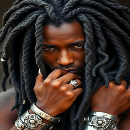 Luxurious charcoal gray dreadlocks adorned with silver cuffs and rings, exuding strength and cultural pride, known as "Obsidian Warrior"