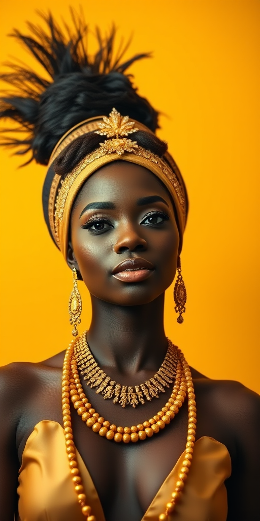 Create a portrait of a regal black woman adorned with golden accessories and a dramatic headdress, against a vibrant yellow background, using a DSLR camera with a 50mm lens at f/1.8, shot from a low angle to enhance the majesty of the subject, and employing soft natural lighting for a rich, textured look.