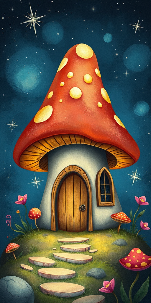 this picture is illustration of a mushroom house with a door and a window, a storybook , fantasy art, mushroom house, bg starry sky, sparkles