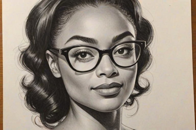 Graceful Tatyana Ali, pencil sketch, portrait of Bewitching woman 1955s in glasses, hair style beatnik, outline, clear lines, fine lines, 8k