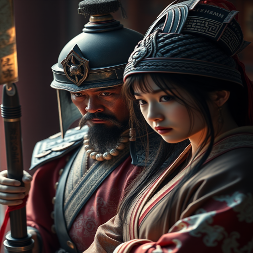 Create a high-resolution digital artwork of a warrior and a woman in an ancient Japanese setting, capturing intricate details of their attire and expressions, using a Canon EOS R5 camera with a 50mm f/1.2 lens at ISO 100, aperture f/2.8, and a focus on soft lighting and dramatic shadows for depth and realism.