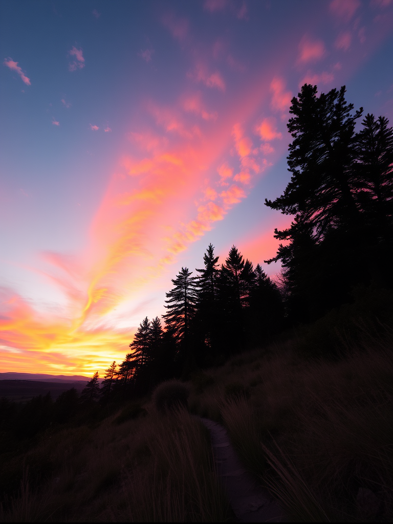 Generate an image of a serene landscape at sunset with vibrant colors in the sky, captured with a Canon EOS R5, 24mm lens, f/8 aperture, ISO 100, in a wide-angle view, using natural light for an enhanced, high-quality effect.
