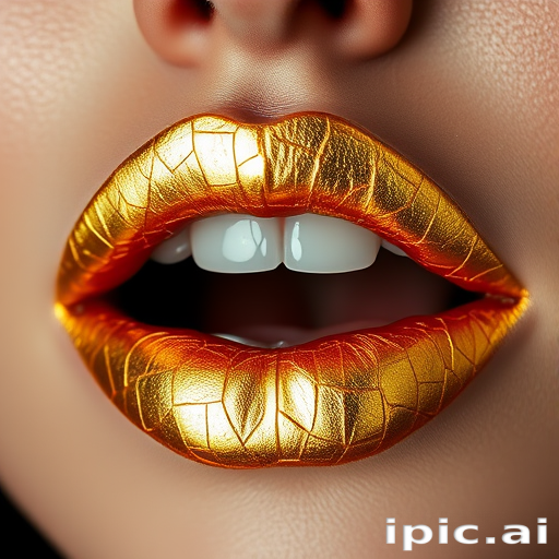 Glamorous gold leaf lips showcase intricate metallic patterns, creating a luxurious and artistic statement that gleams in the light