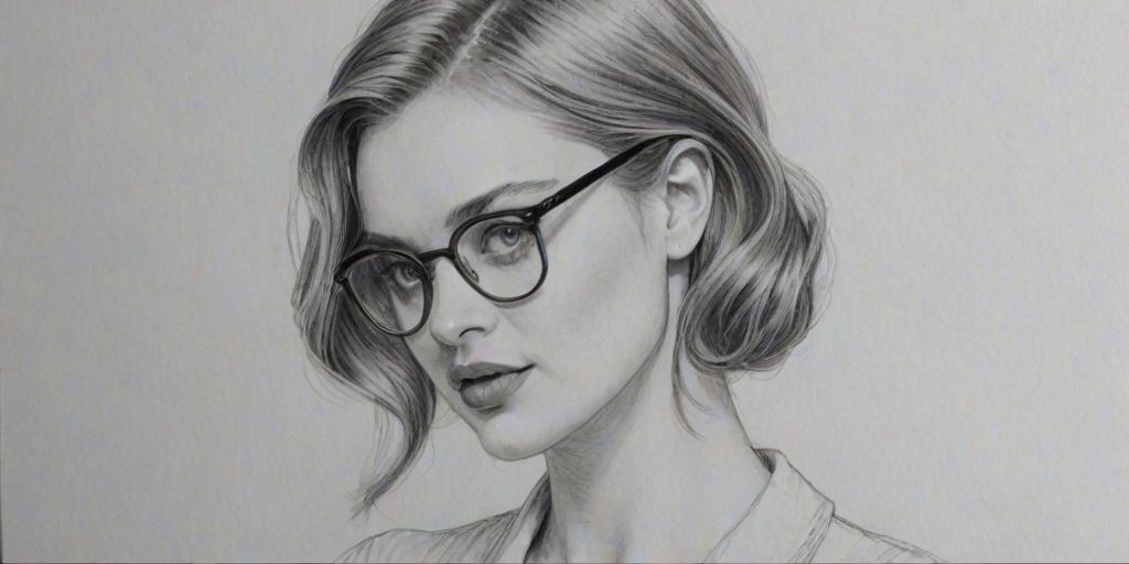 Fascinating Bella Heathcote, pencil sketch, portrait of Ravishing woman 1954s in glasses, hair style beatnik, outline, clear lines, fine lines, 8k