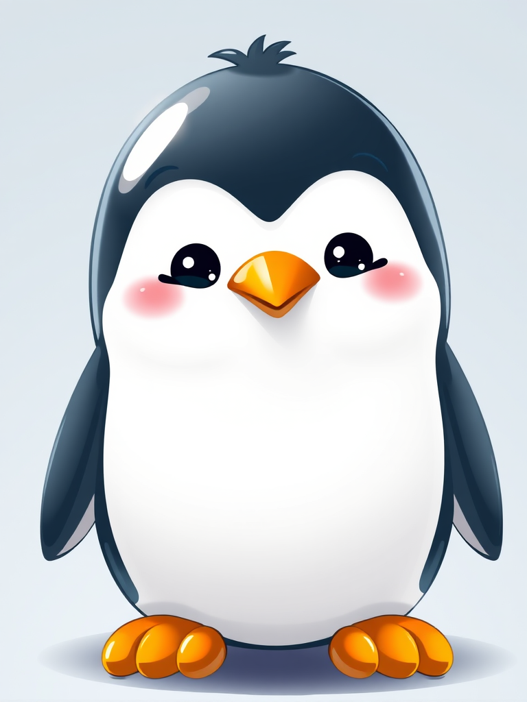 Create a high-resolution image of a cute cartoon penguin with a glossy texture, using a 50mm lens, f/2.8 aperture, and soft lighting, captured from a frontal view in a digital illustration style with bright colors for enhanced clarity.