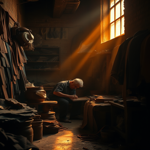 Warmly lit photo of an artisan working in a small, dimly lit leather workshop, tools and materials scattered around, with soft golden light streaming through a high window.