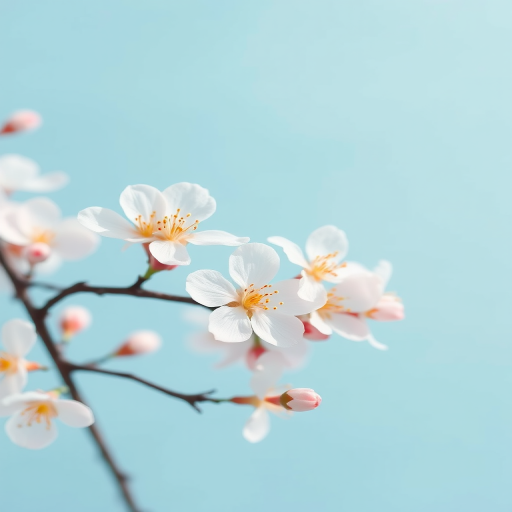 Regenerate an illustration of cherry blossoms against a soft blue background, using a digital camera with a 50mm lens, f/2.8 aperture, in macro view to capture intricate details, and apply a pastel color palette for a serene and soft aesthetic.