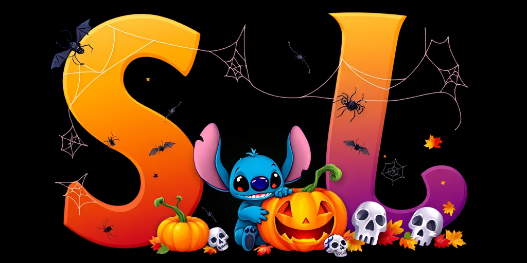 A whimsical and vibrant Halloween-themed digital illustration featuring the letter "S" adorned with spider webs, small bats, and cute spiders. At the base of the letter, a playful alien character similar to Stitch is peeking out from inside a carved pumpkin with glowing eyes, surrounded by additional pumpkins, a small skull, and autumn leaves. The letter is gradient-colored from orange to purple, adding a magical atmosphere to the scene, black background