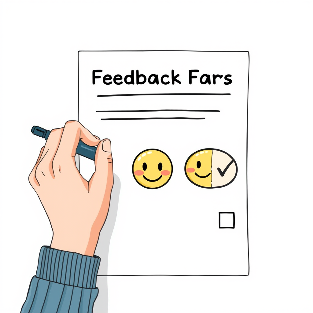 Create an illustration of a hand writing on a feedback form with three emoticons: a happy face, a neutral face, and a sad face, with a checkmark next to the happy face, using a DSLR camera with a 50mm lens, ISO 100, f/1.8, natural lighting, and a top-down view for clarity.