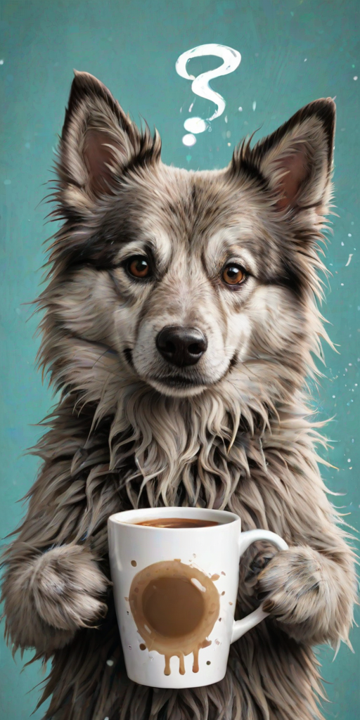 A quirky, artistic illustration of a disheveled alaskan irish setsky with exaggerated, large eyes and spiky fur, holding a coffee mug that reads "Good Morning". The dog has a tired but humorous expression, with ink splatters and abstract details surrounding it, giving a whimsical feel to the image. The color palette is mostly monochrome with hints of cyan in the eyes and steam rising from the mug, enhancing the overall sleepy vibe