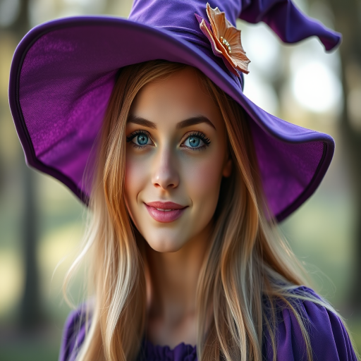 regenerate an image of a young woman wearing a purple witch hat and dress with long blonde hair, portrait mode, shallow depth of field, 85mm lens, aperture f/1.8, soft natural lighting, high-resolution DSLR camera