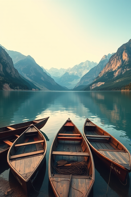 Landscape photo of a serene lake surrounded by mountains with wooden boats in the foreground, shot with a Canon EOS R5, 24mm lens, aperture f/8, ISO 100, 1/250 sec, golden hour lighting.