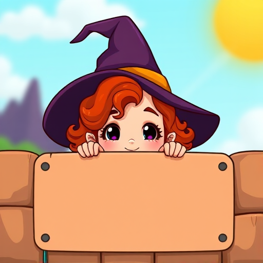 Create a colorful cartoon illustration of a cute witch character with curly red hair and a pointed hat peeking over a blank, wide rectangular label, use a 50mm lens, aperture f/8, ISO 100, in a bright day setting, using a digital art style.