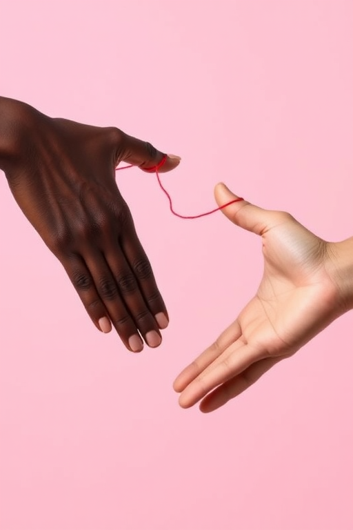 Generate an image of two hands reaching towards each other, one dark skin and one light skin, connected by a red thread, minimalistic style, soft pink background, shot with a Canon EOS R5, 50mm lens, f/1.8 aperture, natural lighting, high resolution.