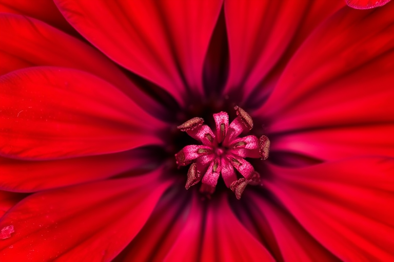 macro shot of a vibrant red flower with intricate petals and detailed textures, using a Canon EOS 5D Mark IV with a 100mm f/2.8L macro lens, aperture f/4, shutter speed 1/200s, ISO 200, shot from a top-down angle to emphasize the flower's structure and vivid colors.