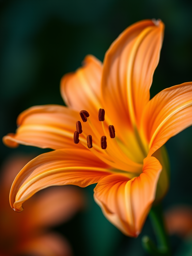 close-up shot of an orange lily flower, focus on petals and stamen, aperture f/2.8, shutter speed 1/250s, ISO 100, macro lens, natural light, shallow depth of field
