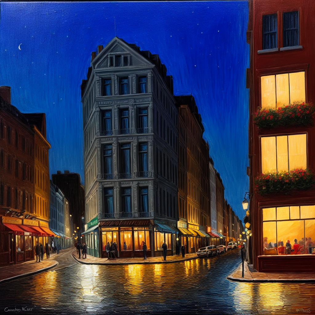 Paint me an oil painting of a street at night with the lights behind ...