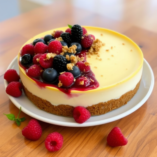 A delicious cheesecake topped with a layer of mixed berries and a crumbly topping, placed on a white plate with fresh raspberries scattered around, set on a wooden surface.