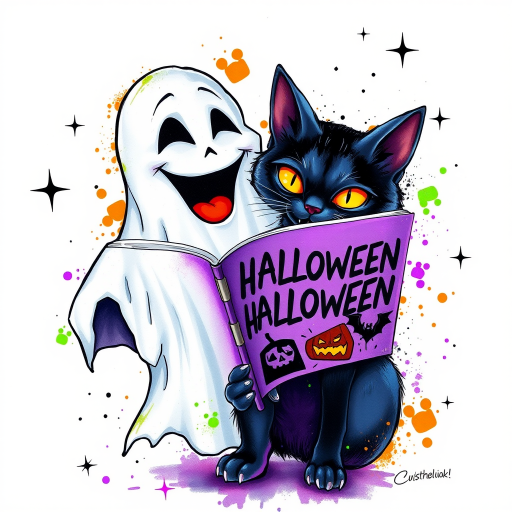 Image of a ghost and a black cat laughing exaggeratedly , and reading a comic halloween comic book, alcohol ink airbrush style, funny halloween theme, white background with neon purple, neon orange, neon green splash, black sparkles stars , dazzling BG