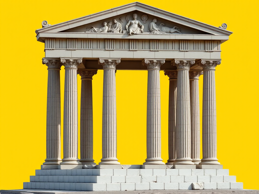Create an image of a classic Greek temple icon with four columns, set against a bright yellow background, using a Canon EOS R5, 50mm lens, aperture f/2.8, ISO 100, and a shallow depth of field for enhanced detail and clarity.