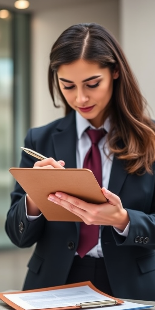 Capture a professional individual in a business suit holding a clipboard and pen, focused on a document, shot with a DSLR camera at 50mm, f/1.8 aperture, ISO 200, natural light, shallow depth of field to blur background.