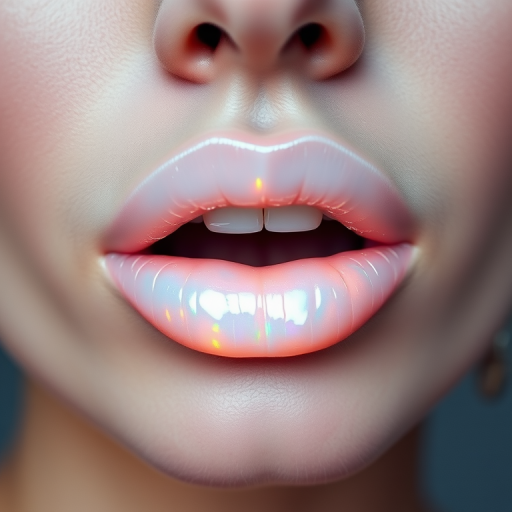 Pearlescent white woman lips with opal-like sheen, showcasing avant-garde and editorial makeup artistry